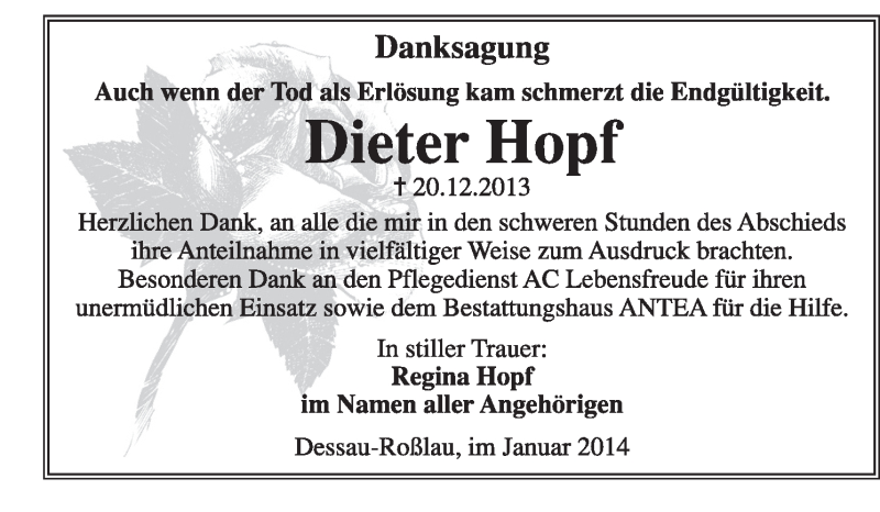  Traueranzeige für Dieter Hopf vom 26.01.2014 aus Super Sonntag Dessau / Köthen