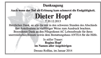 Traueranzeige von Dieter Hopf von Super Sonntag Dessau / Köthen