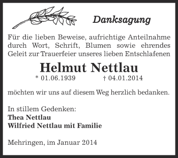 Traueranzeige von Helmut Nettlau von Super Sonntag Aschersleben