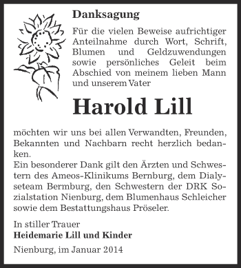 Traueranzeige von Harold Lill von Super Sonntag Bernburg
