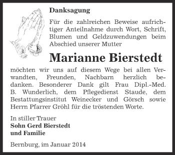 Traueranzeige von Marianne Bierstedt von Super Sonntag Bernburg