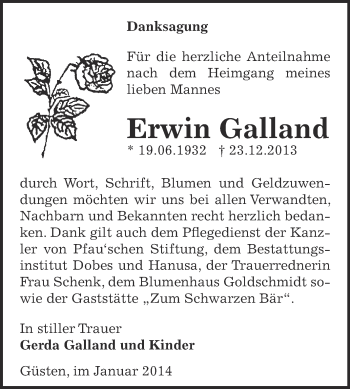 Traueranzeige von Erwin Galland von Super Sonntag Bernburg