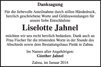Traueranzeige von Liselotte Jahnel von Super Sonntag Wittenberg