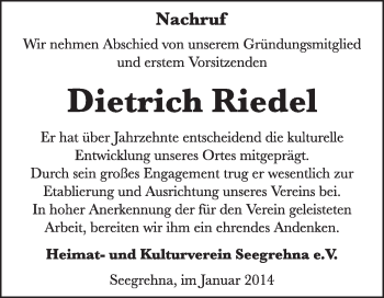 Traueranzeige von Dietrich Riedel von Super Sonntag Wittenberg