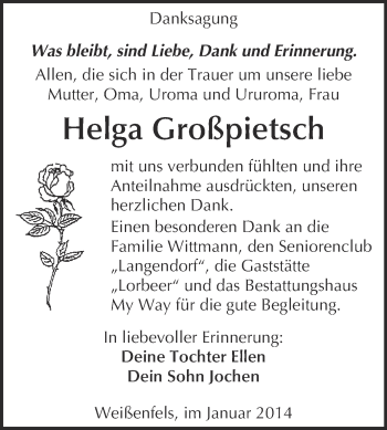 Traueranzeige von Helga Großpietsch von Super Sonntag Merseburg