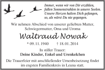 Traueranzeige von Waltraud Nowak von WVG - Wochenspiegel Merseburg