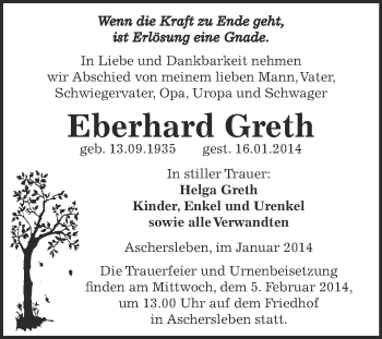 Traueranzeige von Eberhard Greth von WVG - Wochenspiegel Aschersleben