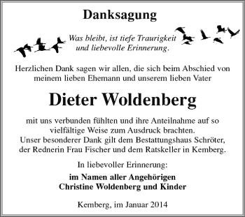 Traueranzeige von Dieter Woldenberg von Super Sonntag Wittenberg
