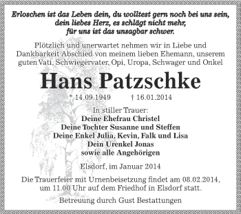 Traueranzeige von Hans Patzschke von WVG - Wochenspiegel Dessau / Köthen