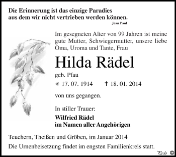 Traueranzeige von Hilda Rädel von WVG - Wochenspiegel NMB / WSF / ZTZ