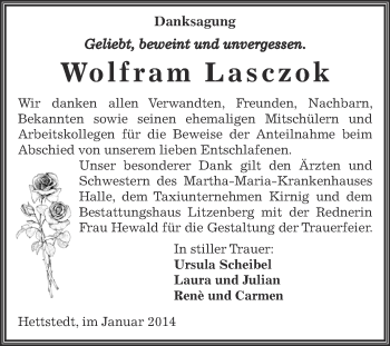 Traueranzeige von Wolfram Lasczok von Wochenspiegel Mansfelder Land