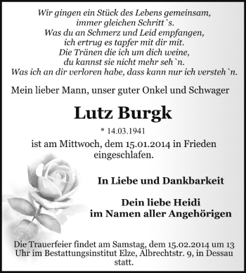 Traueranzeige von Lutz Burgk von Super Sonntag Dessau / Köthen