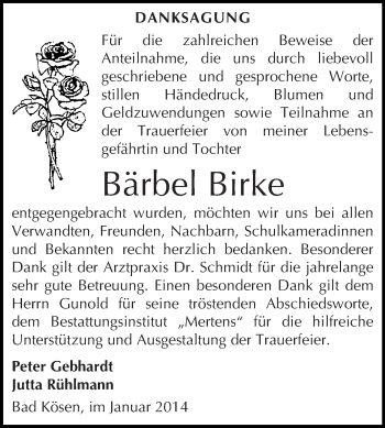 Traueranzeige von Bärbel Birke von WVG - Wochenspiegel NMB / WSF / ZTZ
