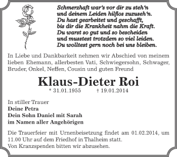Traueranzeige von Klaus-Dieter Roi von WVG - Wochenspiegel Bitterfeld