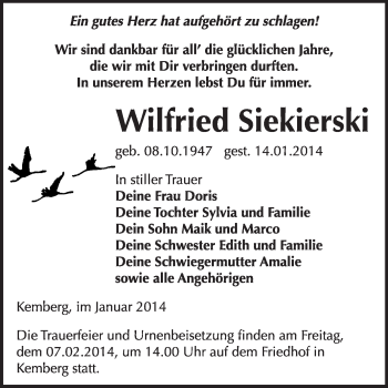 Traueranzeige von Wilfried Siekierski von WVG - Wochenspiegel Wittenberg