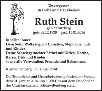 Traueranzeige von Ruth Stein von WVG - Wochenspiegel Wittenberg
