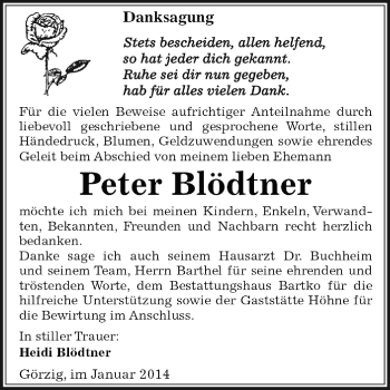 Traueranzeige von Peter Blödtner von WVG - Wochenspiegel Dessau / Köthen