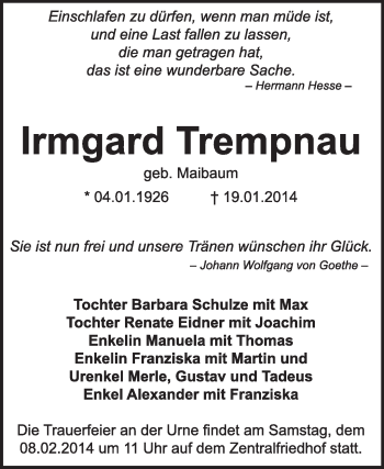 Traueranzeige von Irmgard Trempnau von Super Sonntag Dessau / Köthen