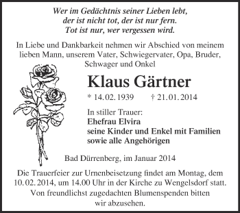 Traueranzeige von Klaus Gärtner von Super Sonntag Merseburg