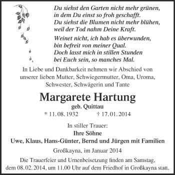 Traueranzeige von Margarete Hartung von WVG - Wochenspiegel Merseburg