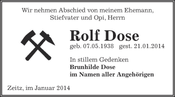 Traueranzeige von Rolf Dose von Super Sonntag Zeitz