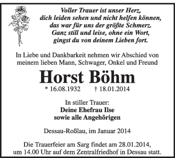 Traueranzeige von Horst Böhm von Super Sonntag Dessau / Köthen