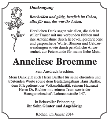 Traueranzeige von Anneliese Broemme von Super Sonntag Dessau / Köthen