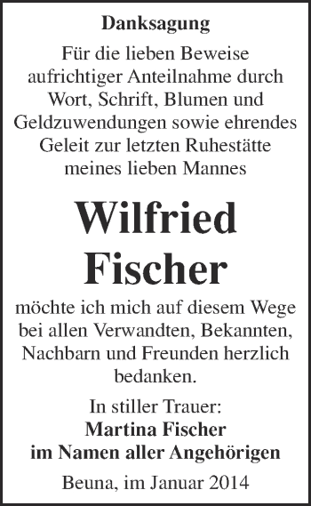 Traueranzeige von Wilfried Fischer von WVG - Wochenspiegel Merseburg