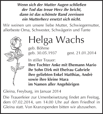 Traueranzeige von Helga Wachs von WVG - Wochenspiegel NMB / WSF / ZTZ