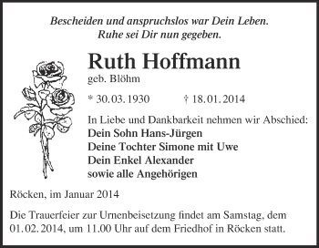 Traueranzeige von Ruth Hoffmann von WVG - Wochenspiegel Merseburg