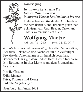 Traueranzeige von Wolfgang Maetze von WVG - Wochenspiegel NMB / WSF / ZTZ