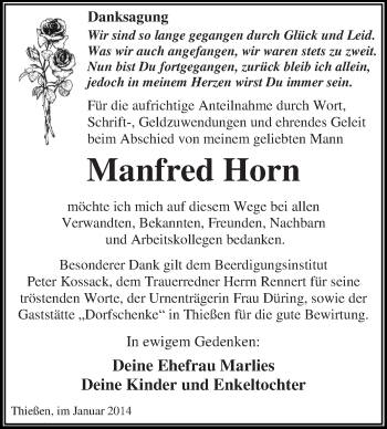 Traueranzeige von Manfred Horn von WVG - Wochenspiegel Dessau / Köthen