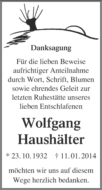 Traueranzeige von Wolfgang Haushälter von WVG - Wochenspiegel NMB / WSF / ZTZ
