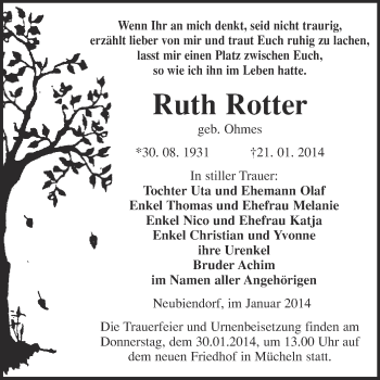 Traueranzeige von Ruth Rotter von WVG - Wochenspiegel Merseburg