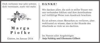 Traueranzeige von Marga Piofke von Super Sonntag Bernburg
