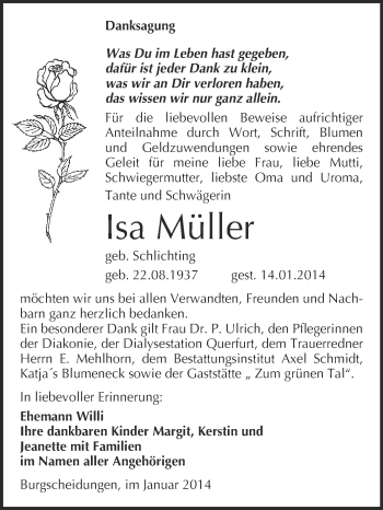 Traueranzeige von Isa Müller von WVG - Wochenspiegel NMB / WSF / ZTZ