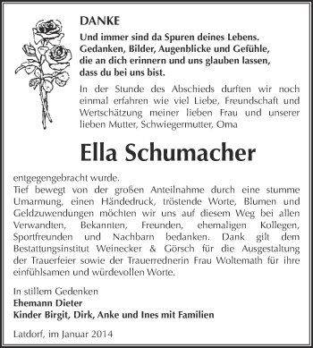 Traueranzeige von Ella Schumacher von Super Sonntag Bernburg