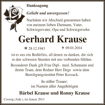 Traueranzeige von Gerhard Krause von WVG - Wochenspiegel Dessau / Köthen
