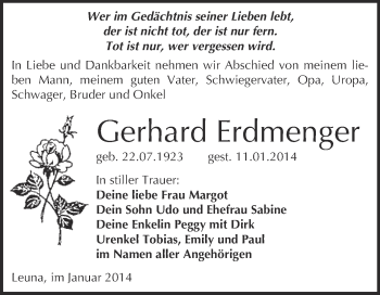 Traueranzeige von Gerhard Erdmenger von WVG - Wochenspiegel Merseburg