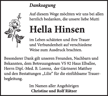 Traueranzeige von Hella Hinsen von Super Sonntag Dessau / Köthen