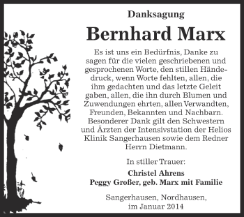 Traueranzeige von Bernhard Marx von Super Sonntag SGH Mansf. Land