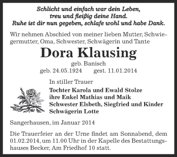 Traueranzeige von Dora Klausing von Super Sonntag SGH Mansf. Land