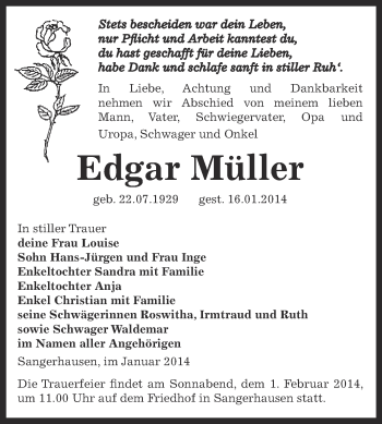 Traueranzeige von Edgar Müller von Super Sonntag SGH Mansf. Land
