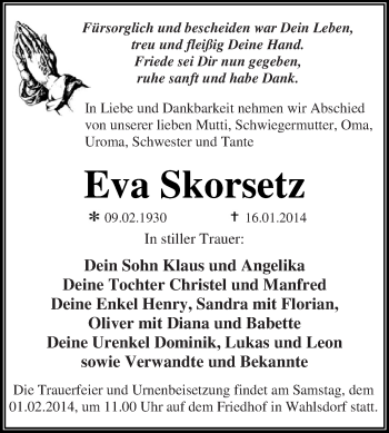 Traueranzeige von Eva Skorsetz von WVG - Wochenspiegel Dessau / Köthen
