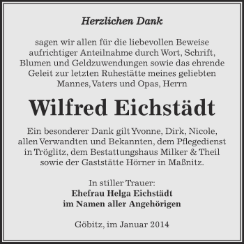 Traueranzeige von Wilfred Eichstädt von Super Sonntag Zeitz