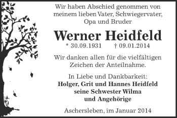 Traueranzeige von Werner Heidfeld von Super Sonntag Aschersleben