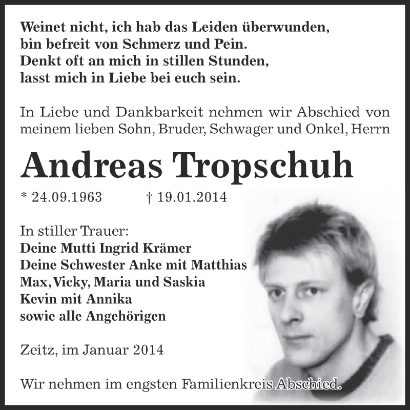 Traueranzeige für Andreas Tropschuh vom 26.01.2014 aus Super Sonntag Zeitz