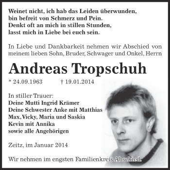 Traueranzeige von Andreas Tropschuh von Super Sonntag Zeitz