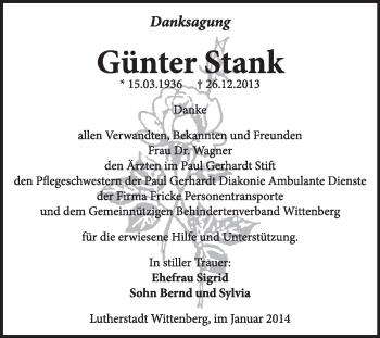 Traueranzeige von Günter Stank von WVG - Wochenspiegel Wittenberg