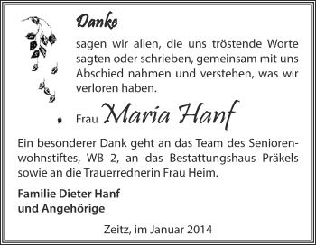 Traueranzeige von Maria Hanf von Super Sonntag Zeitz